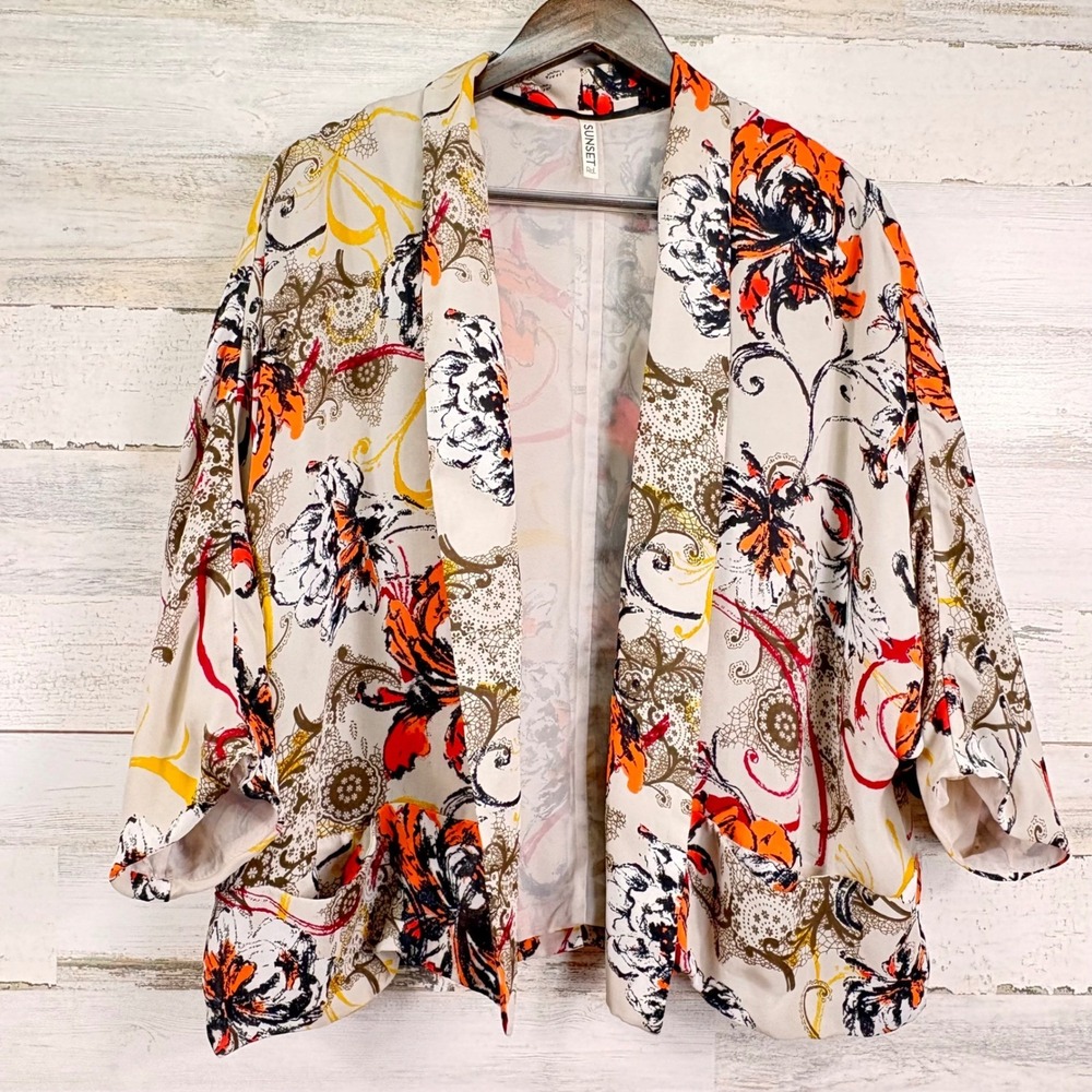 SUNSET RD Floral Kimono Jacket Lightweight Open Front Bohemian Women Size 10